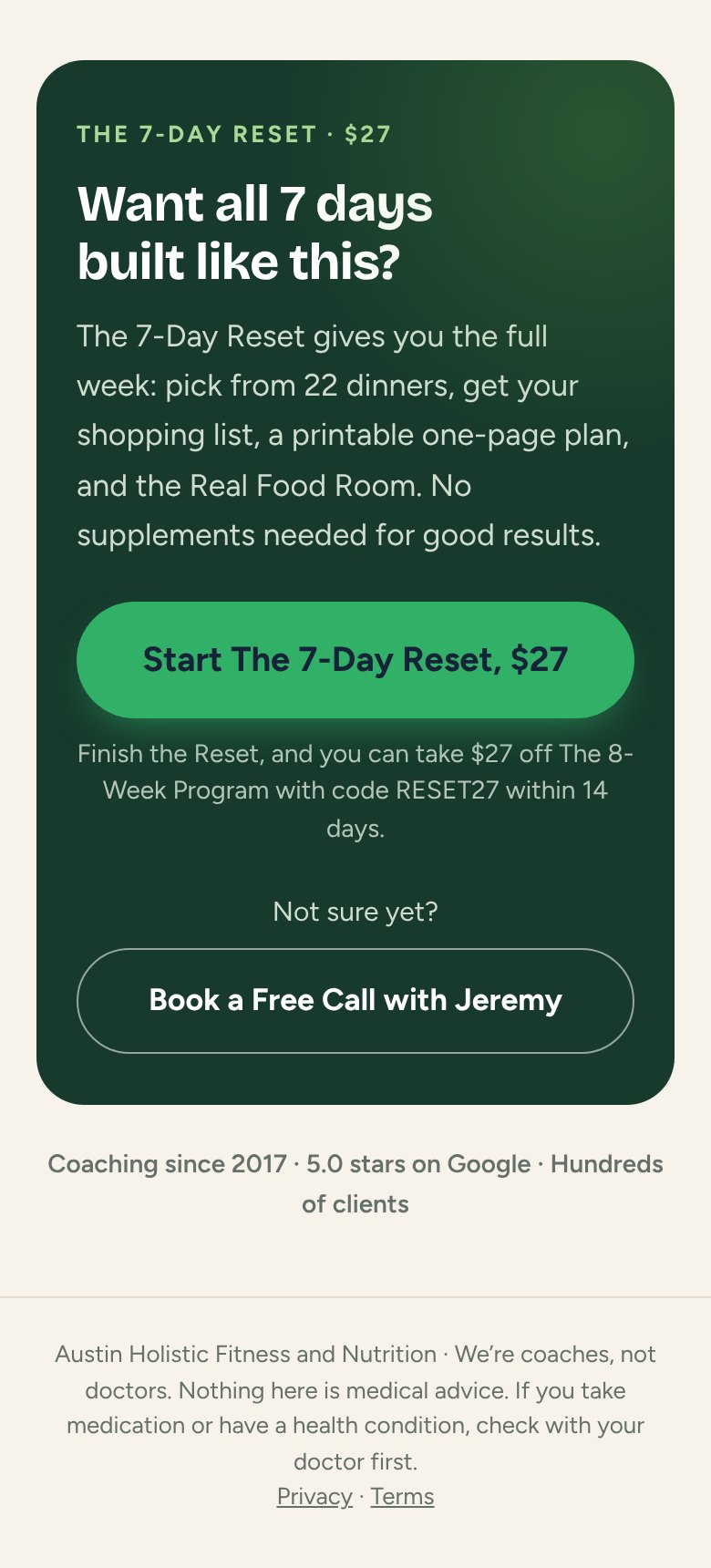 Plan page: offer, Start The 7-Day Reset $27, Book a Free Call, trust line