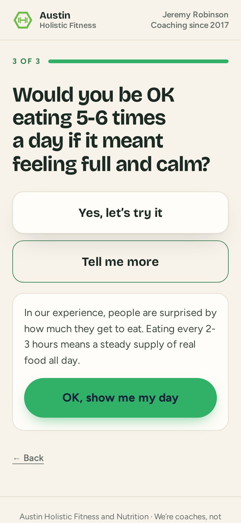 Quiz step 3, Tell me more open